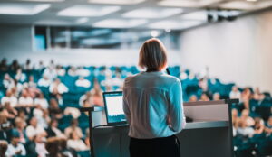 Female speaker giving a talk on corporate business conference